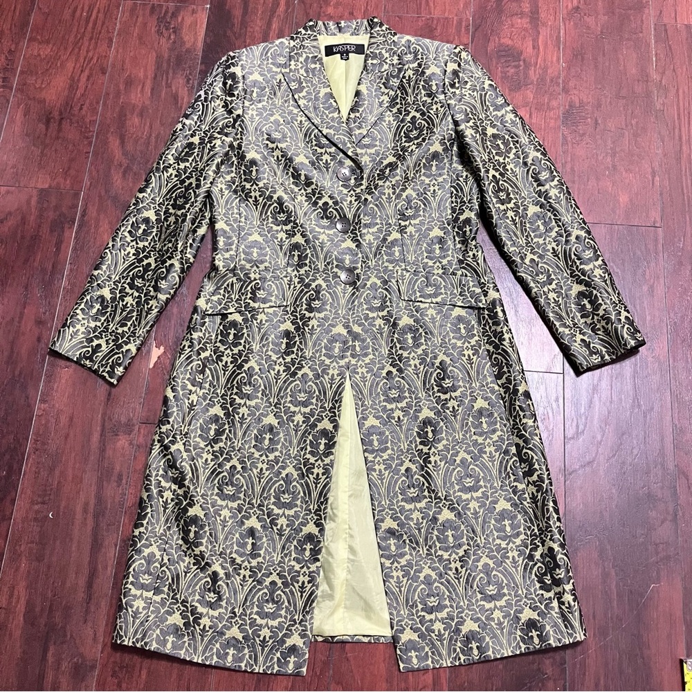 Kasper Green Gray Silk Botanical Jacquard 3 Button Long Statement Coat Size 8